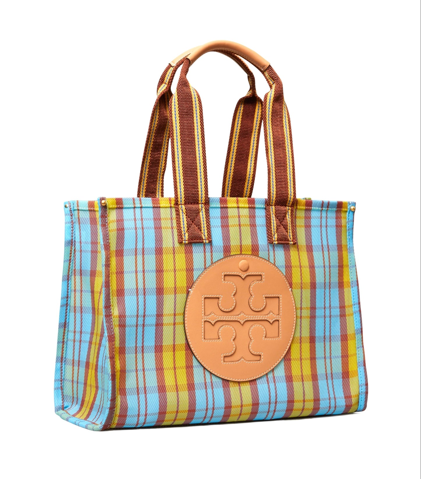 Tory Burch Yellow / Blue Mercado Plaid Ella Mesh Small Market Tote Bag