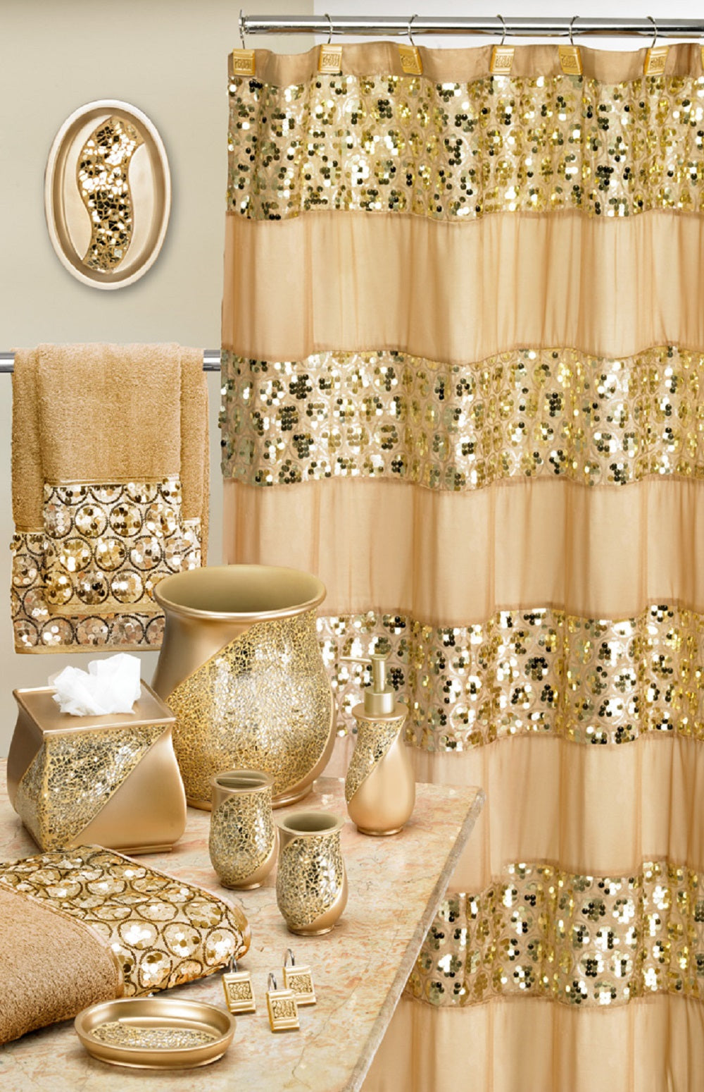 Zahari Home Sinatra Champagne Line: 3-Pc Towel Set, Rug, Shower Curtain & More!