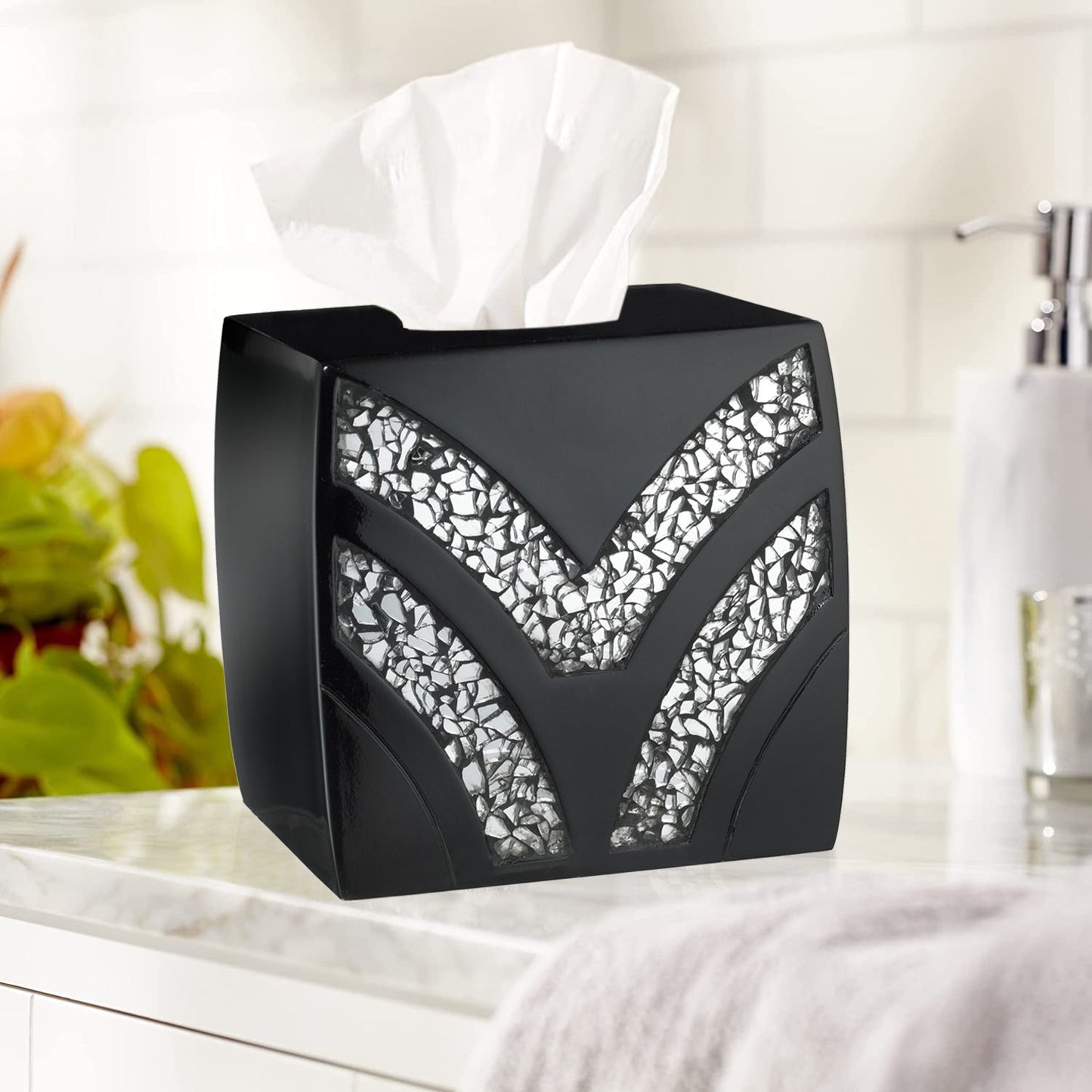 Zahari Home 2pc Stylish Bath Accessories Set Waste Basket & Square Tissue Box Cover Classic Contemporary Decorative Beautiful Designs Gray Bathroom Decor Set for Home Modern Bath Set