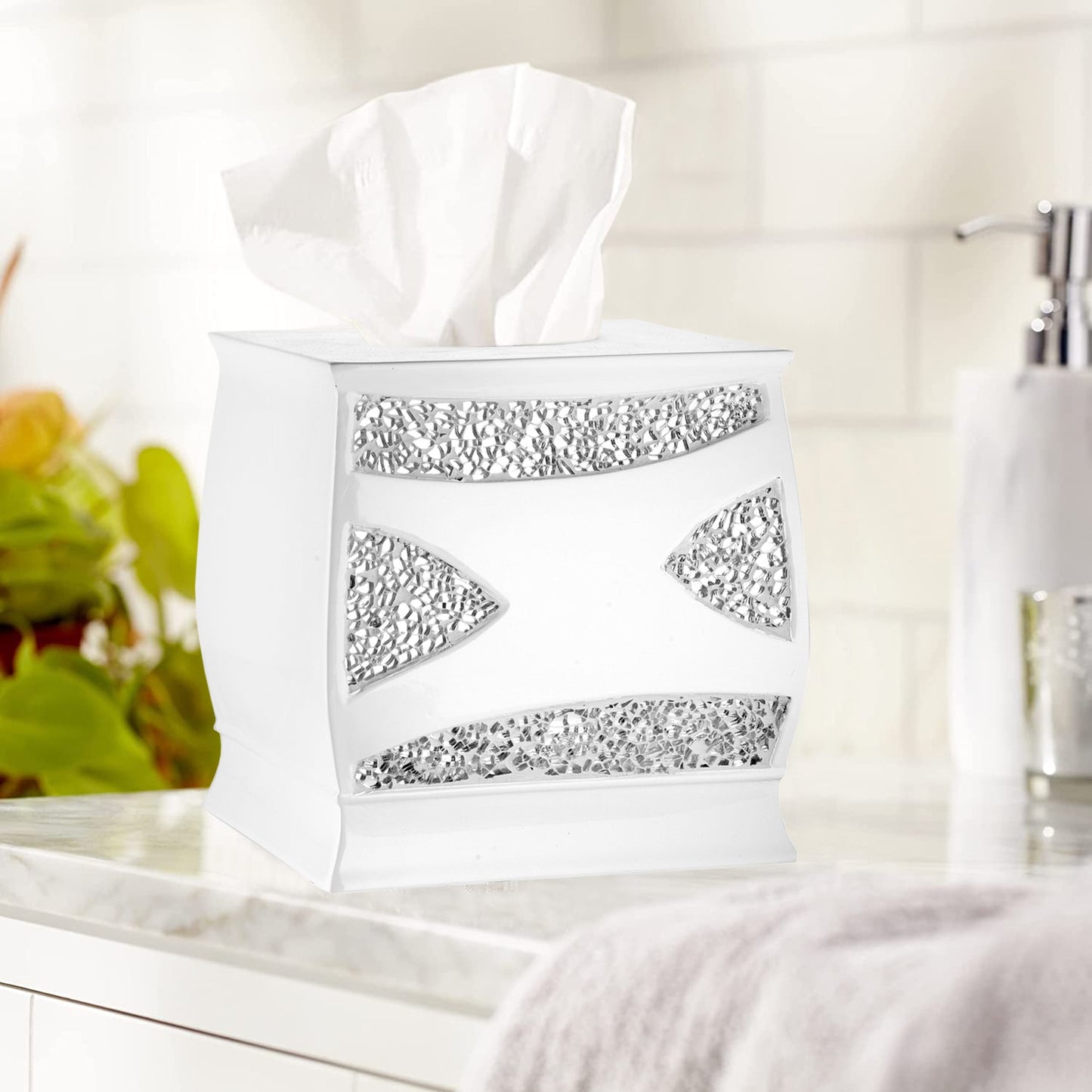 Zahari Home 2pc Stylish Bath Accessories Set Waste Basket & Square Tissue Box Cover Classic Contemporary Decorative Beautiful Designs Gray Bathroom Decor Set for Home Modern Bath Set