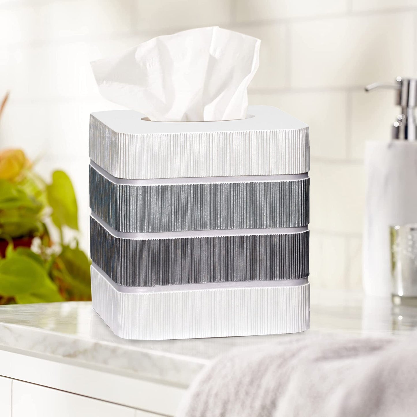 Zahari Home 2pc Stylish Bath Accessories Set Waste Basket & Square Tissue Box Cover Classic Contemporary Decorative Beautiful Designs Gray Bathroom Decor Set for Home Modern Bath Set