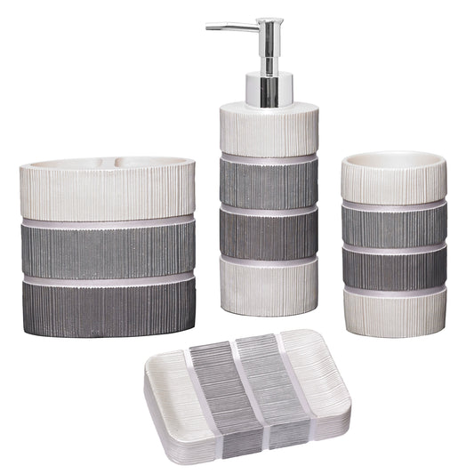 Zahari Home 4pc Bathroom Accessories Set Modern Soap Dispenser, Tumbler, Tooth Brush Holder and Dish Soap Holder Luxury Contemporary Grey Decor Unique Design Luxury Bath Set