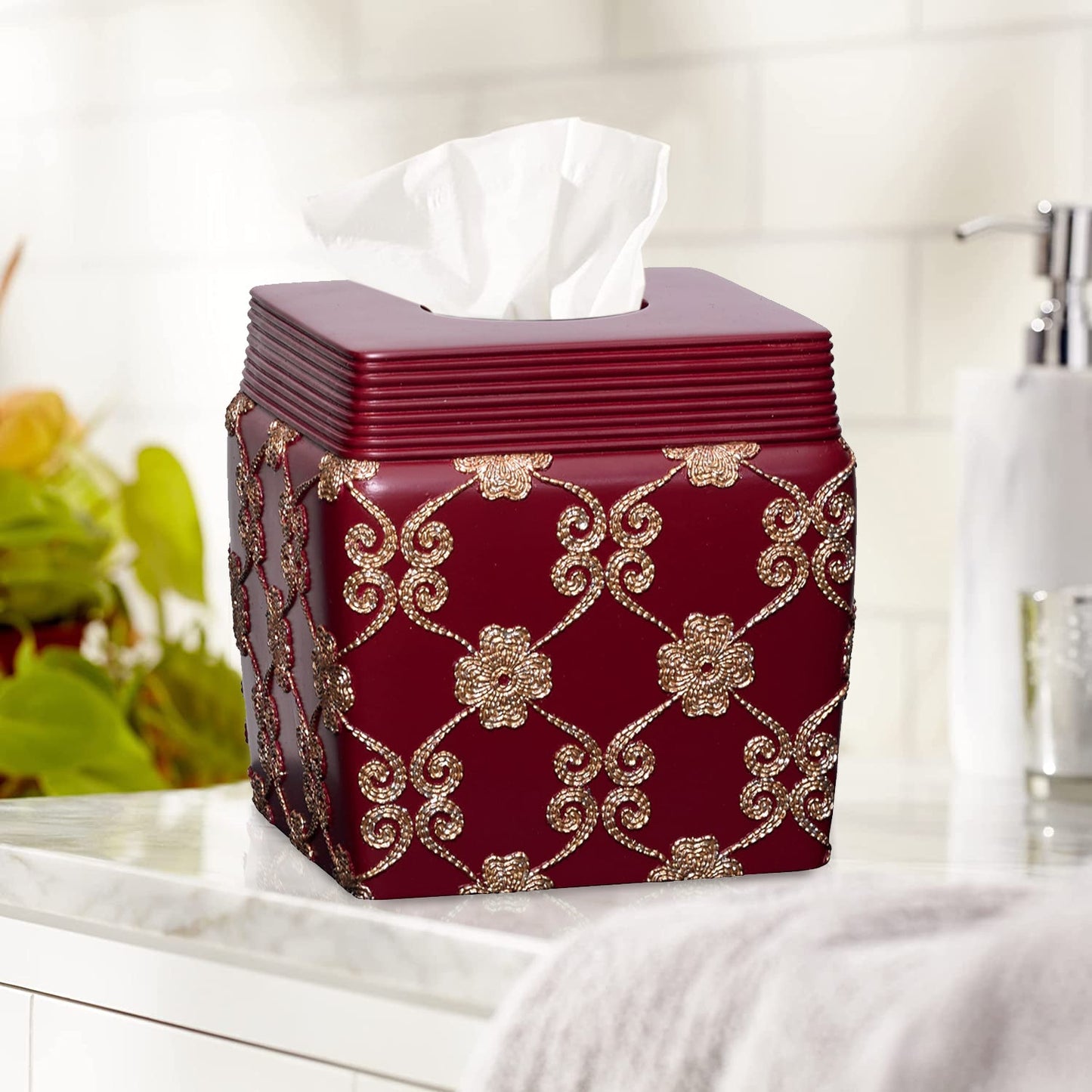 Zahari Home 2pc Stylish Bath Accessories Set Waste Basket & Square Tissue Box Cover Classic Contemporary Decorative Beautiful Designs Gray Bathroom Decor Set for Home Modern Bath Set