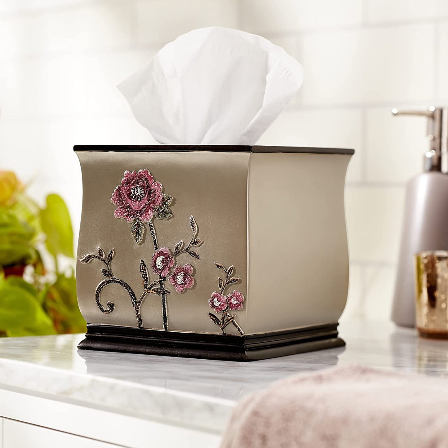 Zahari Home 2pc Stylish Bath Accessories Set Waste Basket & Square Tissue Box Cover Classic Contemporary Decorative Beautiful Designs Gray Bathroom Decor Set for Home Modern Bath Set