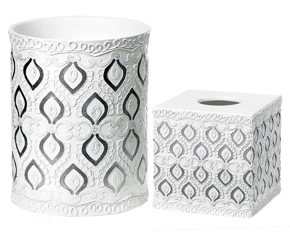 Zahari Home 2pc Stylish Bath Accessories Set Waste Basket & Square Tissue Box Cover Classic Contemporary Decorative Beautiful Designs Gray Bathroom Decor Set for Home Modern Bath Set