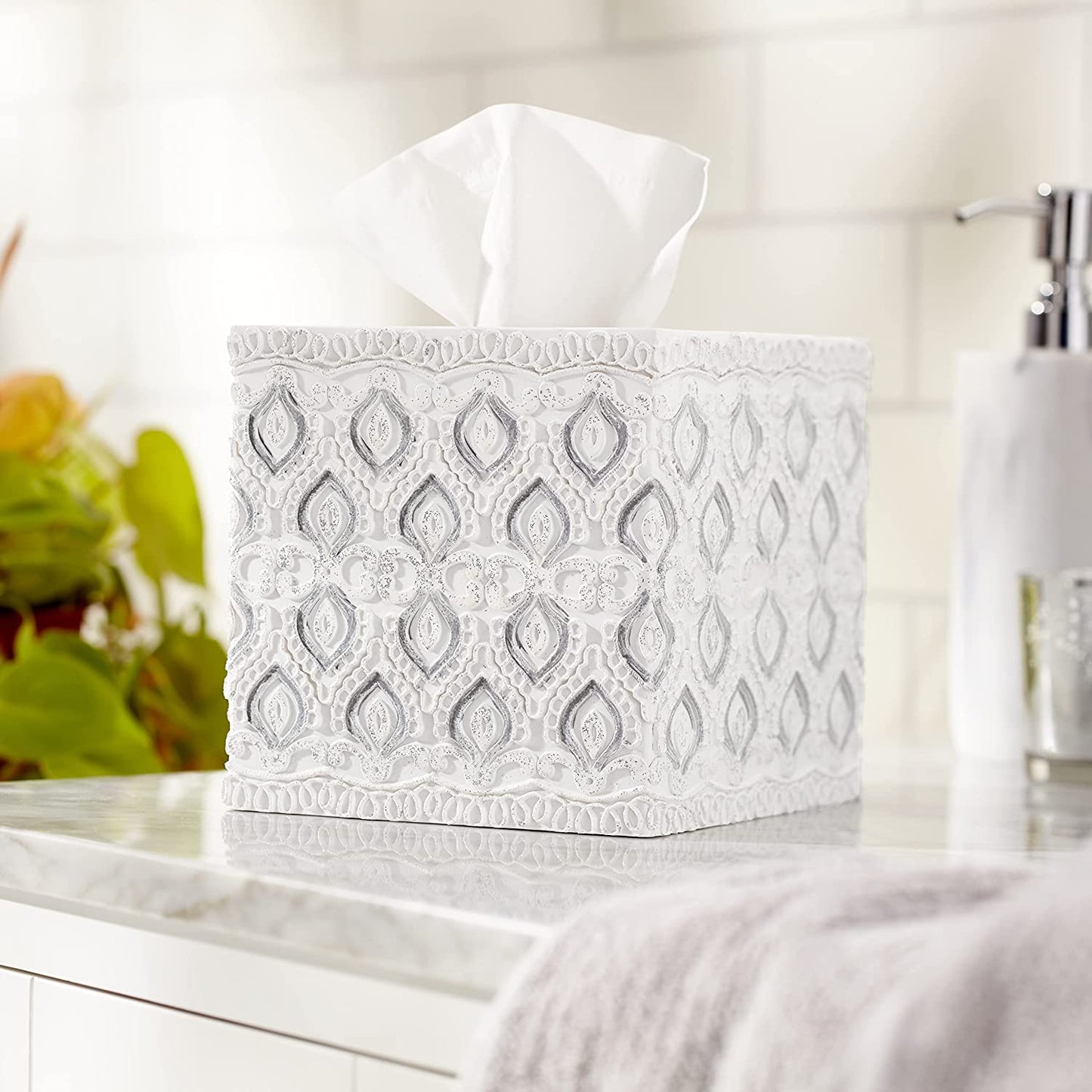 Zahari Home 2pc Stylish Bath Accessories Set Waste Basket & Square Tissue Box Cover Classic Contemporary Decorative Beautiful Designs Gray Bathroom Decor Set for Home Modern Bath Set