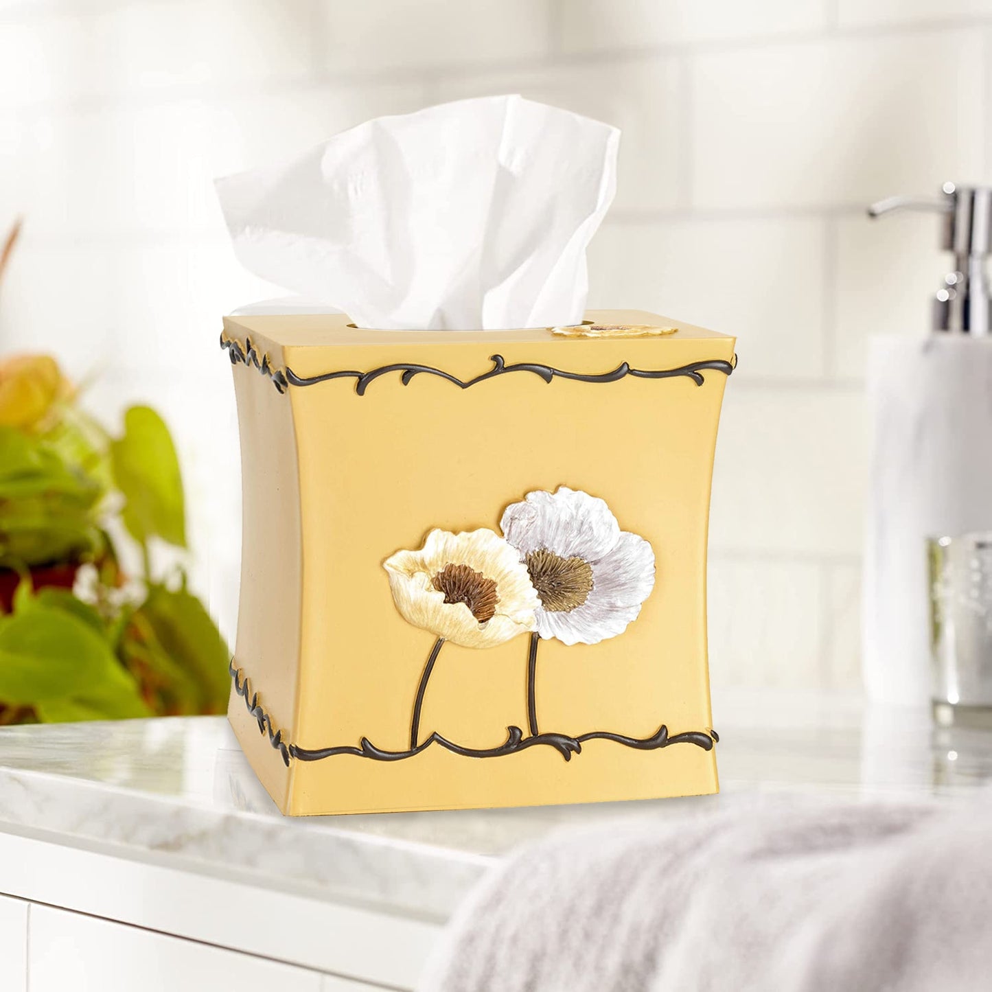 Zahari Home 2pc Stylish Bath Accessories Set Waste Basket & Square Tissue Box Cover Classic Contemporary Decorative Beautiful Designs Gray Bathroom Decor Set for Home Modern Bath Set