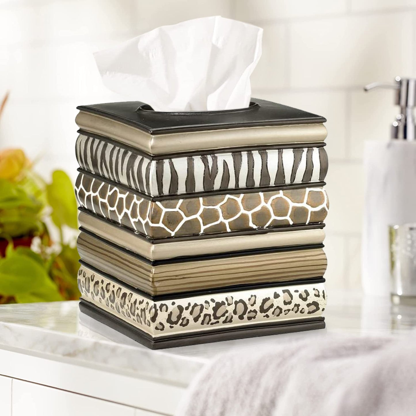 Zahari Home 2pc Stylish Bath Accessories Set Waste Basket & Square Tissue Box Cover Classic Contemporary Decorative Beautiful Designs Gray Bathroom Decor Set for Home Modern Bath Set