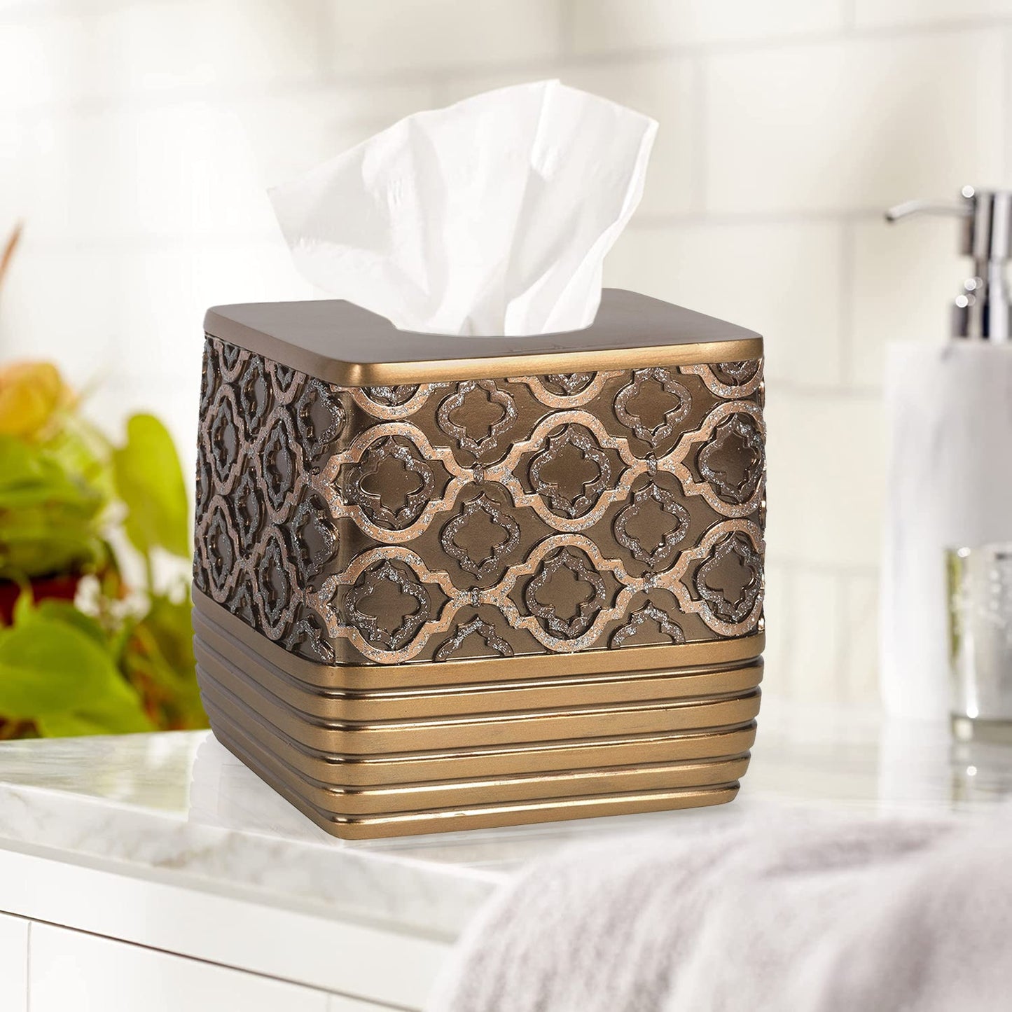 Zahari Home 2pc Stylish Bath Accessories Set Waste Basket & Square Tissue Box Cover Classic Contemporary Decorative Beautiful Designs Gray Bathroom Decor Set for Home Modern Bath Set