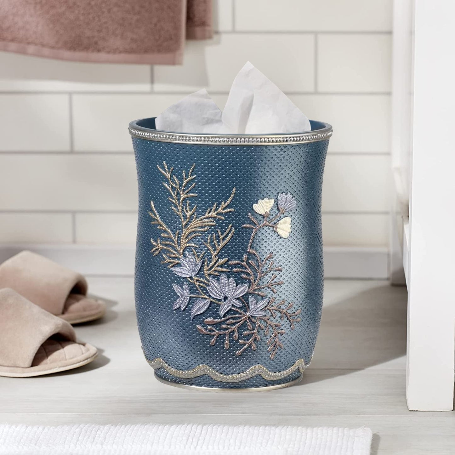 Zahari Home 2pc Stylish Bath Accessories Set Waste Basket & Square Tissue Box Cover Classic Contemporary Decorative Beautiful Designs Gray Bathroom Decor Set for Home Modern Bath Set