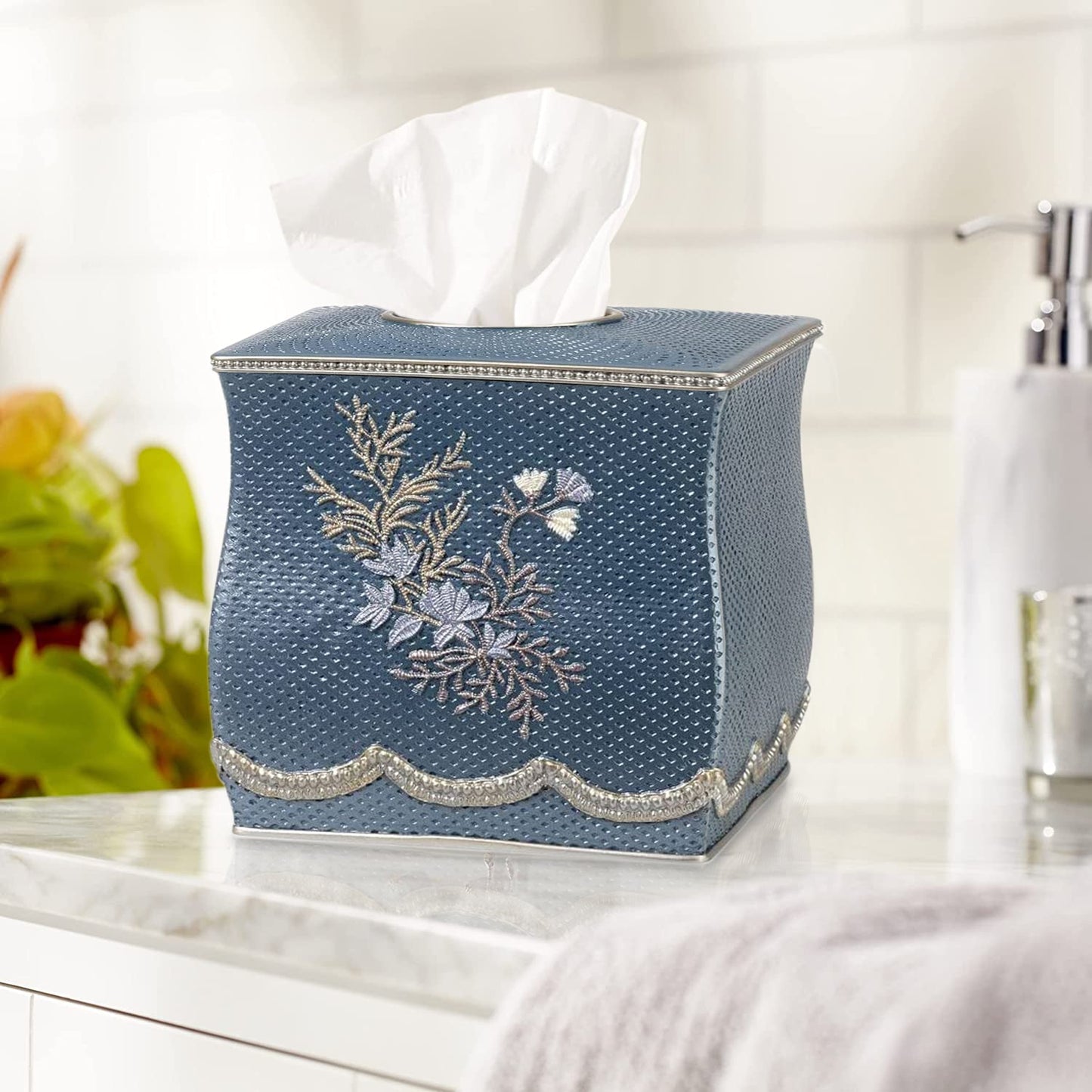 Zahari Home 2pc Stylish Bath Accessories Set Waste Basket & Square Tissue Box Cover Classic Contemporary Decorative Beautiful Designs Gray Bathroom Decor Set for Home Modern Bath Set