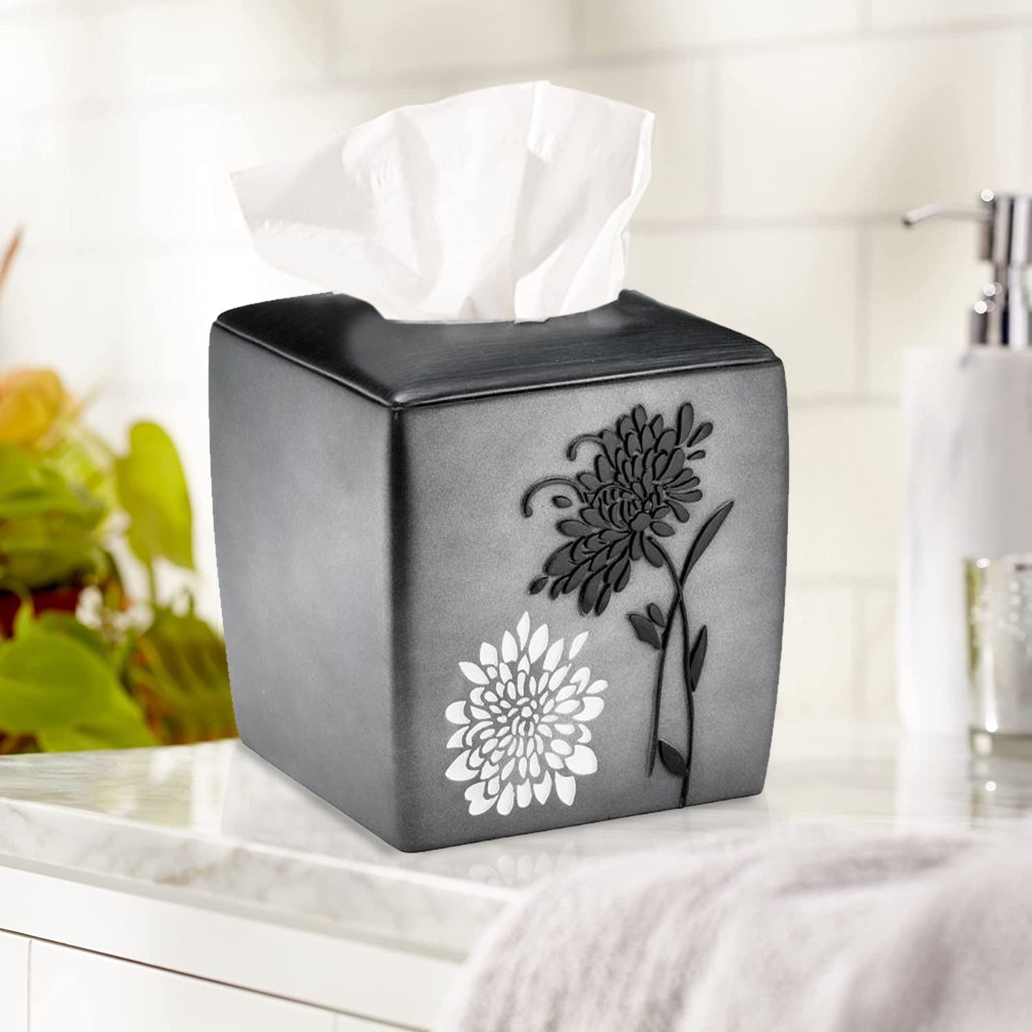 Zahari Home 2pc Stylish Bath Accessories Set Waste Basket & Square Tissue Box Cover Classic Contemporary Decorative Beautiful Designs Gray Bathroom Decor Set for Home Modern Bath Set