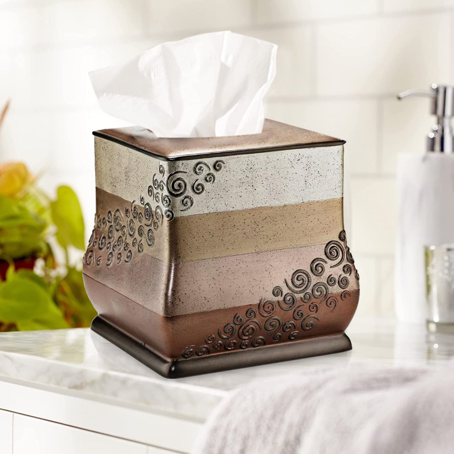 Zahari Home 2pc Stylish Bath Accessories Set Waste Basket & Square Tissue Box Cover Classic Contemporary Decorative Beautiful Designs Gray Bathroom Decor Set for Home Modern Bath Set