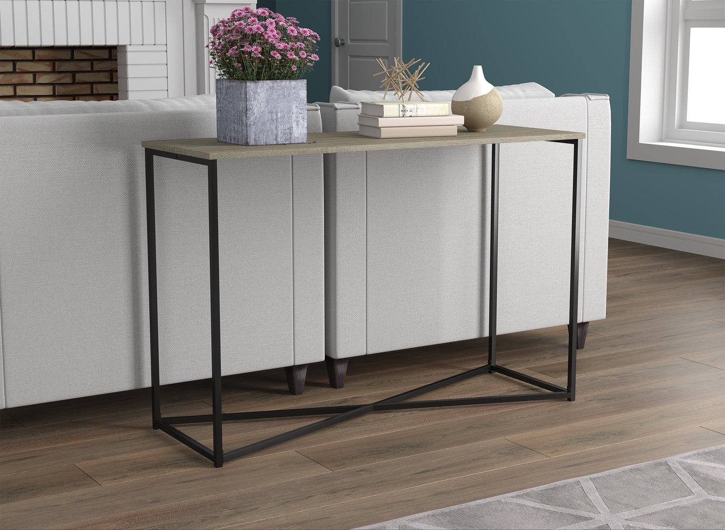 Safdie & Co. Console Table 44" Dark Taupe Black X Metal, Entryway or Sofa Table for Living Room