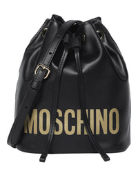 title:Moschino Logo Leather Bucket Bag;color:Black