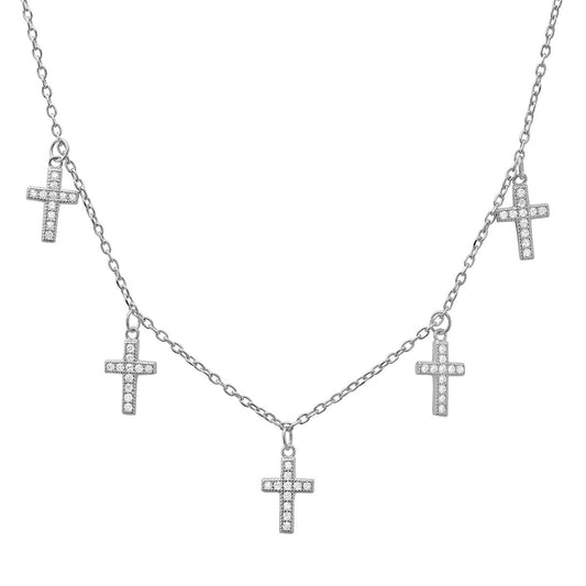 Sterling Silver Dangling CZ Cross Charm Necklace - Ruumur