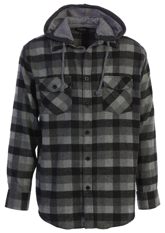 title:Gioberti Men's Black / Charcoal / Gray Removable Hoodie Plaid Checkered Flannel Button Down Shirt;color:Black / Charcoal / Gray