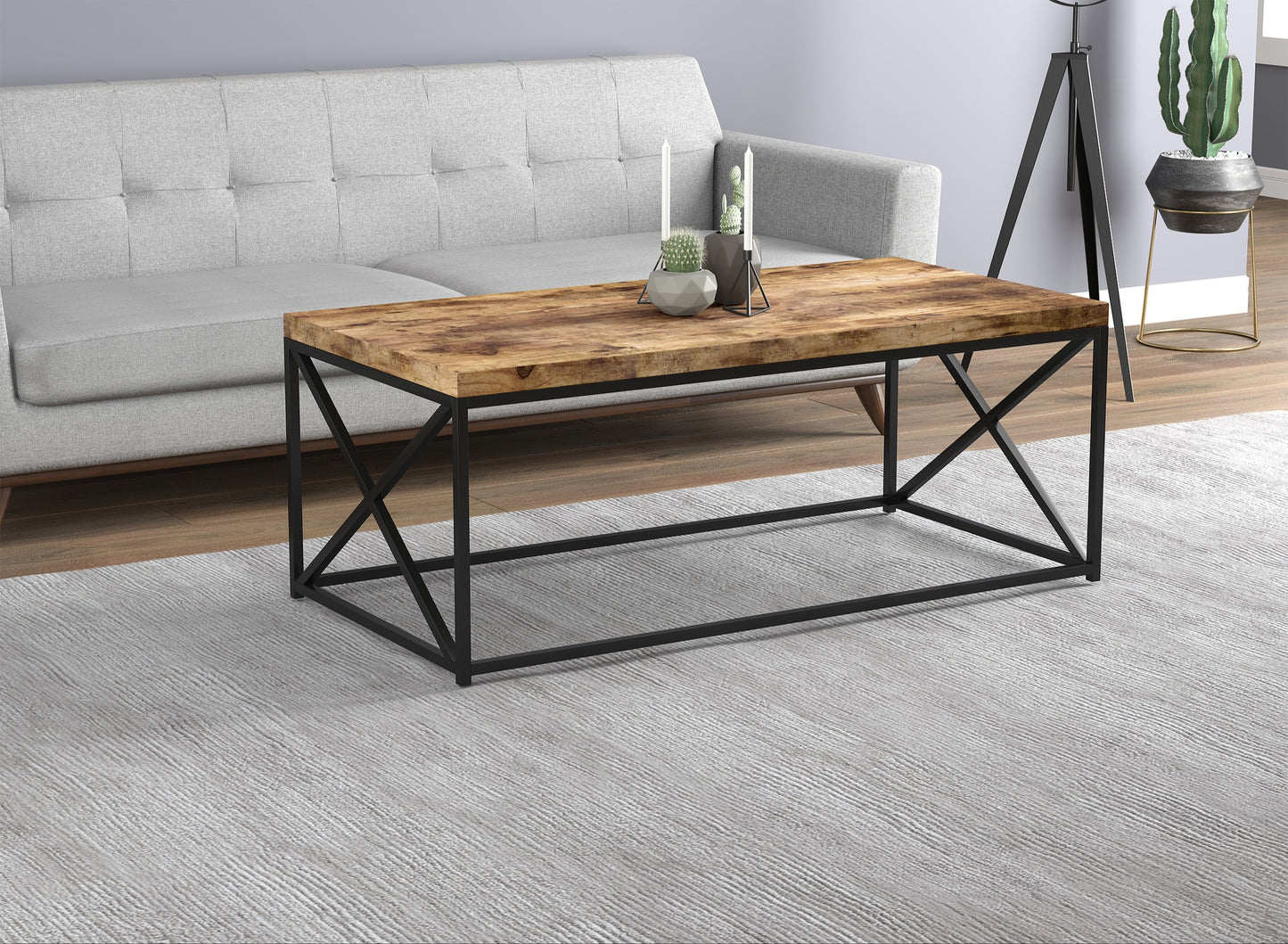 Safdie & Co. Coffee Table 44" Brown Reclaimed Wood Look Black Metal, Central Table for Living Room