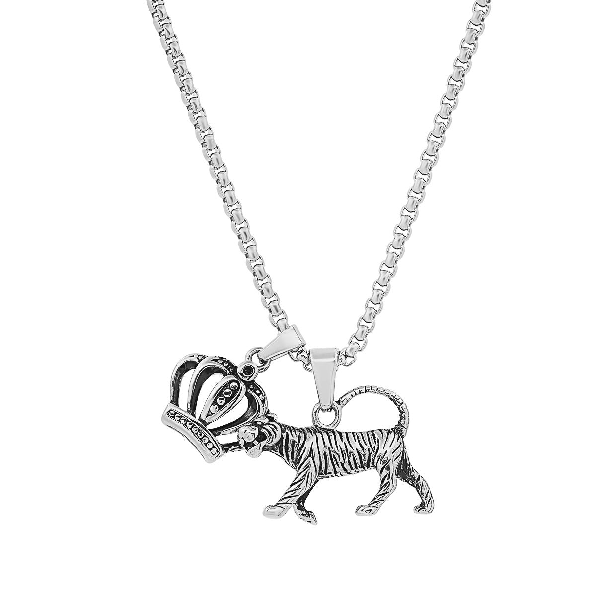 SteelTime Tiger + Crown Double Pendant Necklace