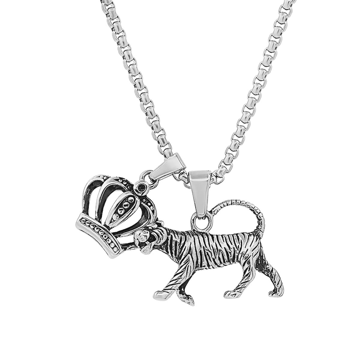 SteelTime Tiger + Crown Double Pendant Necklace