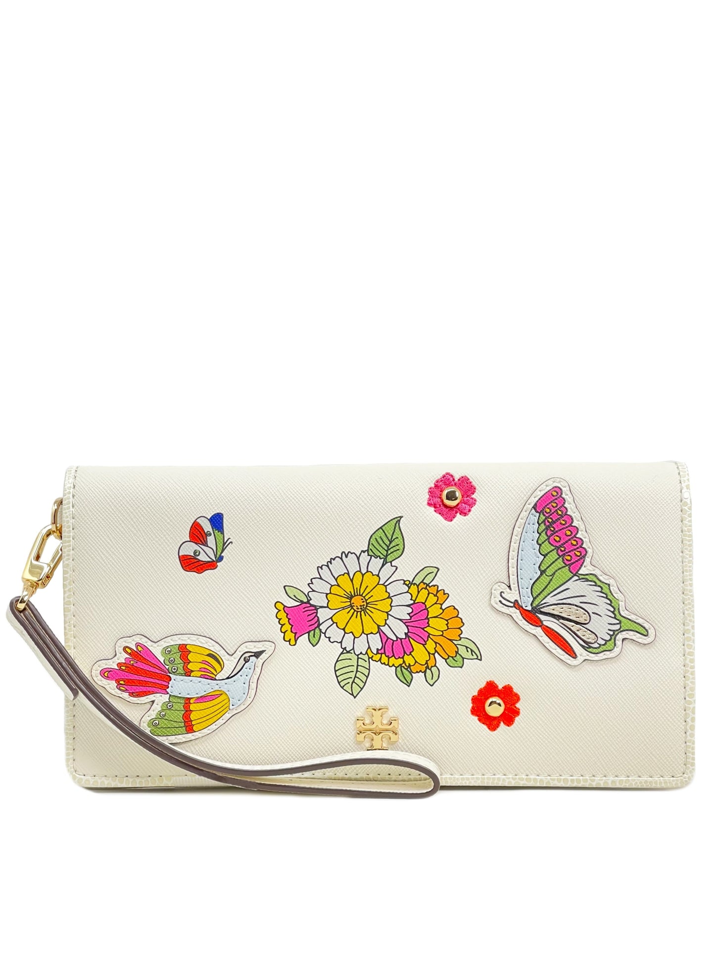 title:Tory Burch New Ivory / Multi Emerson Applique Wristlet Zip Continental;color:New Ivory / Multi