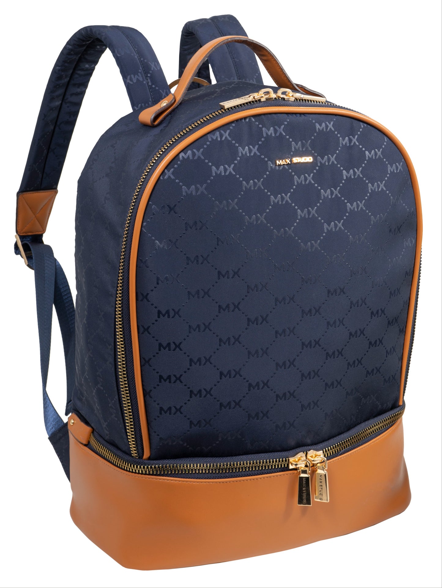 Max Studio Two-Toned Nylon Signature Backpack with Padded Laptop Sleeves & Drop Bottom Shoe Compartment