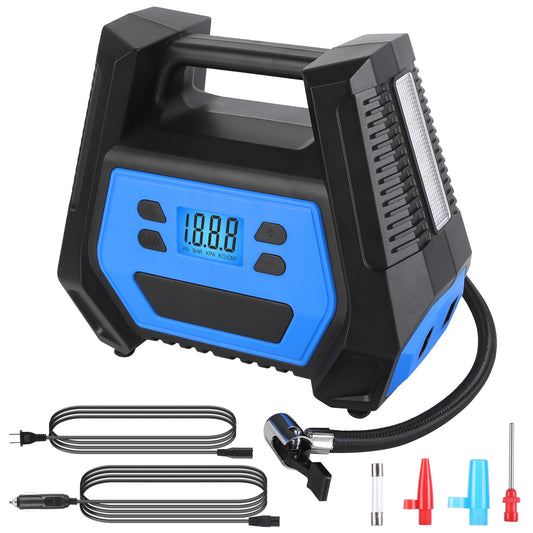 title:Portable Tire Inflator 150 PSI 120W Max Power Tire Pump with Digital Display LED Light Inflatable Nozzle Needle Fuse Air Compressor for Bikes Motorbik;color:Black