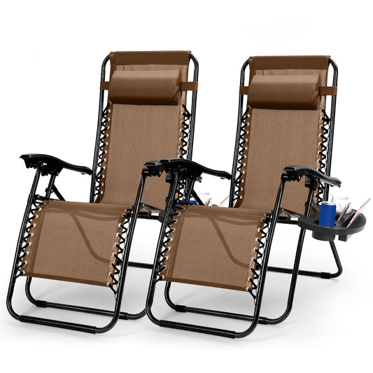 title:2Packs Zero Gravity Lounge Chair w/ Dual Side Tray 330lbs Load Foldable Recliner Chair w/ Stress Relief Pillow Patio Poolside Beach Lying Chair;color:Brown