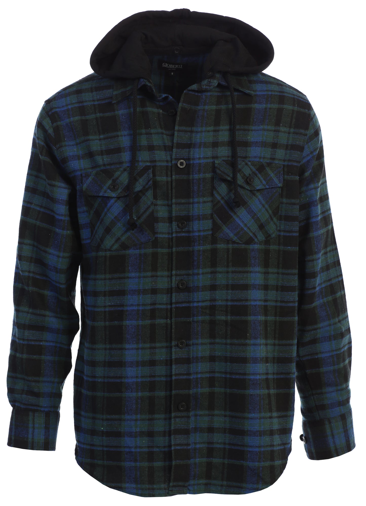 title:Gioberti Men's Black / Green / Royal Blue Removable Hoodie Plaid Checkered Flannel Button Down Shirt;color:Black / Green / Royal Blue