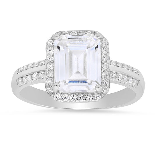 Sterling Silver Emerald-cut Halo CZ Ring