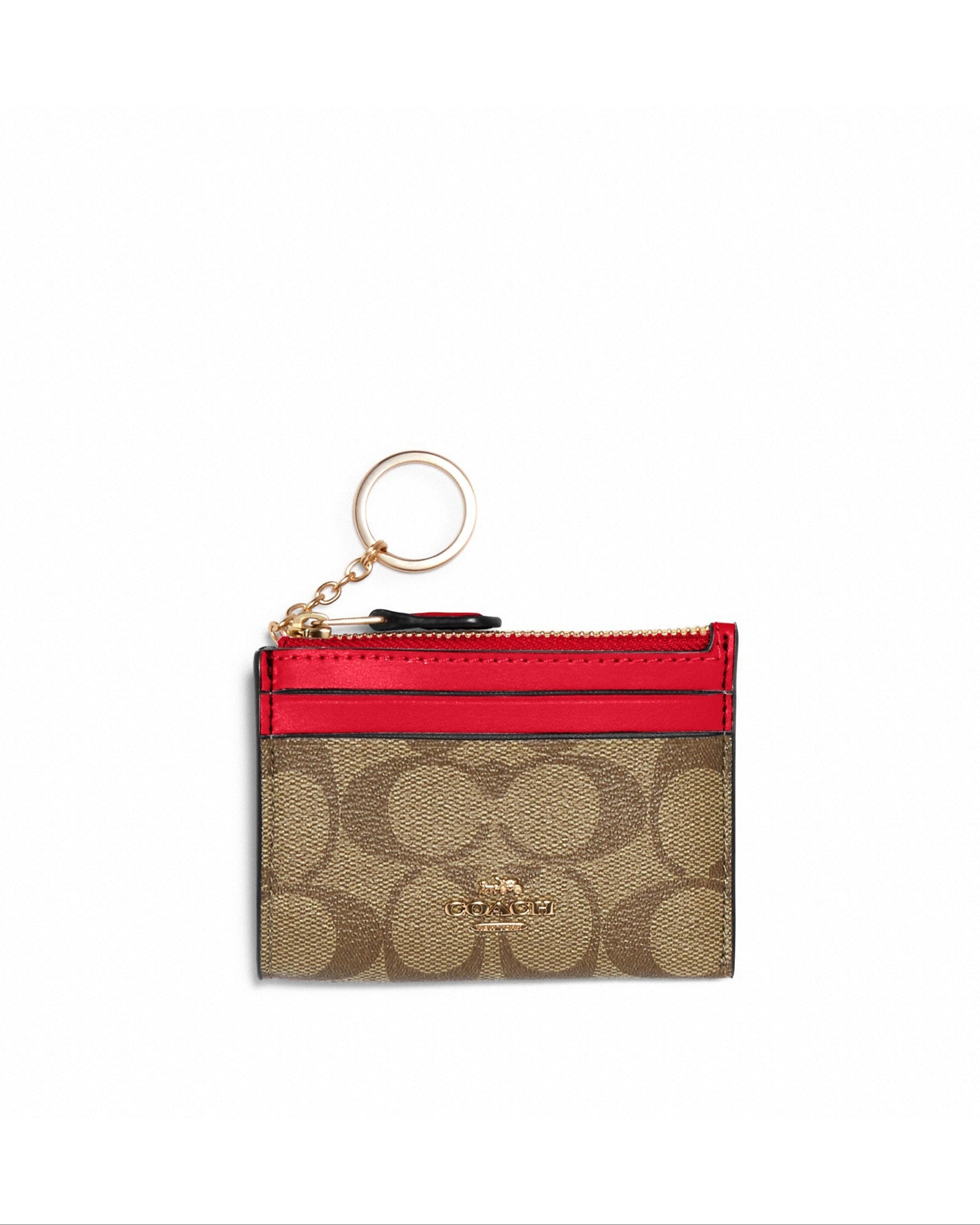 title:Coach Women's Khaki & Electric Red Mini Skinny Id Case In Signature Canvas;color:Khaki / Electric Red