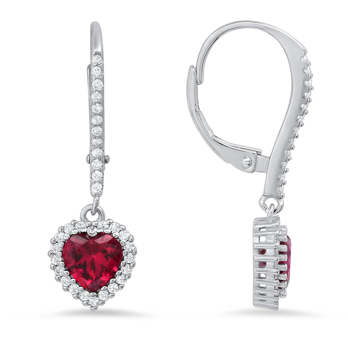 Sterling Silver Heart-cut Birthstone CZ Halo Leverback Earrings - Ruumur