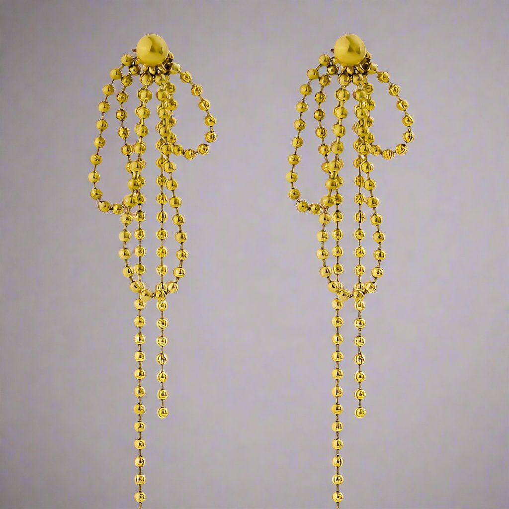 title:Bow Long Beaded Chain Drop Earrings;color:Gold