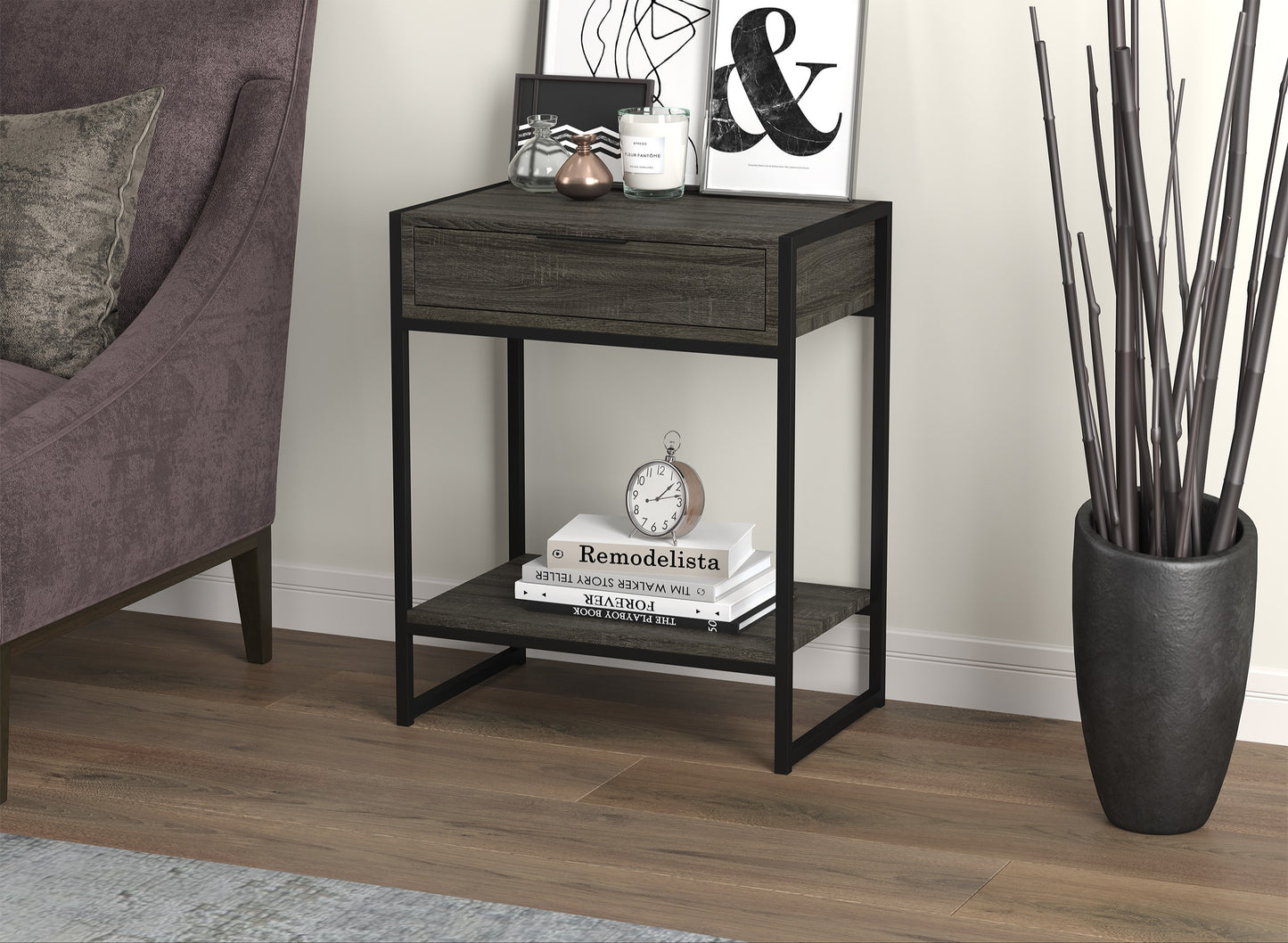 Safdie & Co. End Side Table 20" Dark Grey 1 Drawer 1 Shelf Black Metal