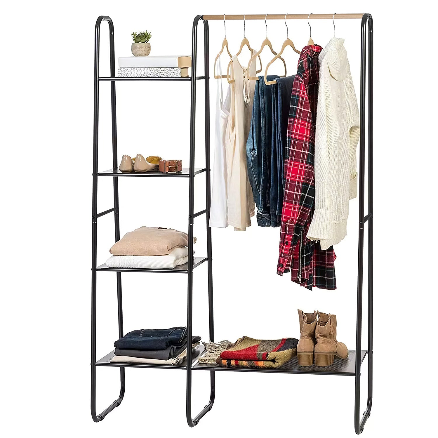 title:Metal Garment Hanging Rack Shoe Clothing Organizer Shelves Freestanding Clothing Hanging Rail Clothes Wardrobe Shoe Display Organizer with 1 Hanging R;color:Black