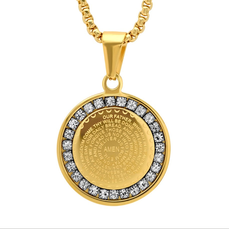 SteelTime SteelTime Women's Stainless Steel Our Father Prayer Round Pendant With Simulated Diamonds