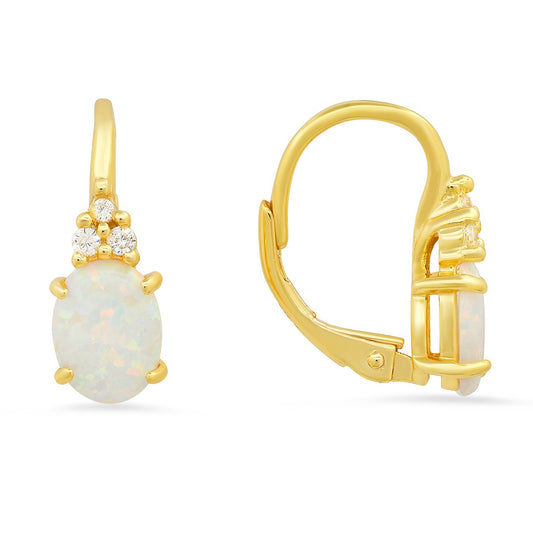 Sterling Silver Opal & CZ Leverback Earrings - Ruumur