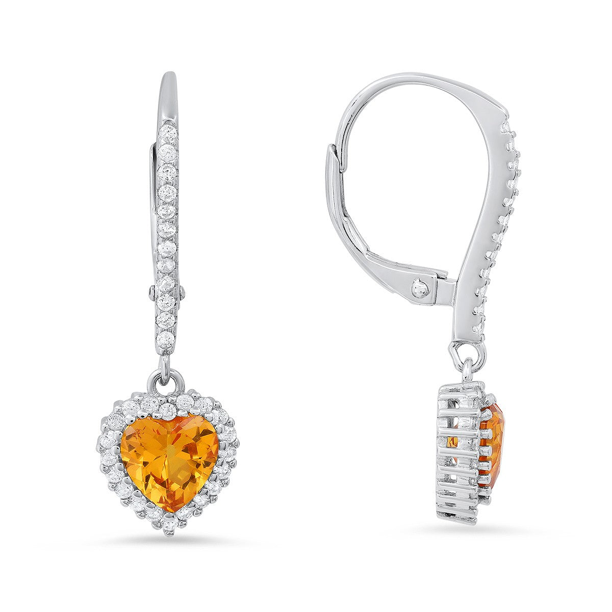 Sterling Silver Heart-cut Birthstone CZ Halo Leverback Earrings - Ruumur