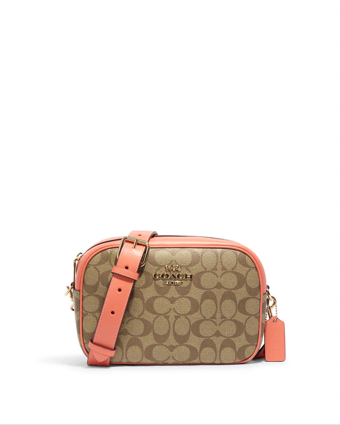 title:Coach Jamie Camera Bag In Signature Canvas;color:Khaki / Light Coral