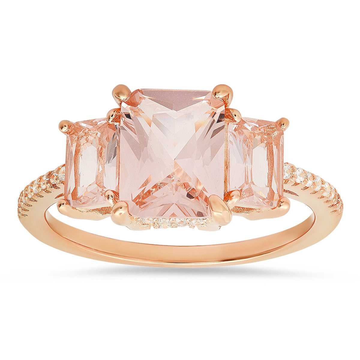 14k Rose Gold Over Silver 3-Stone Morganite CZ Ring - Ruumur