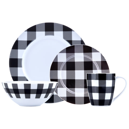 title:Safdie & Co. Dinnerset 16PC Buffalo Plaid White/Black;color:White