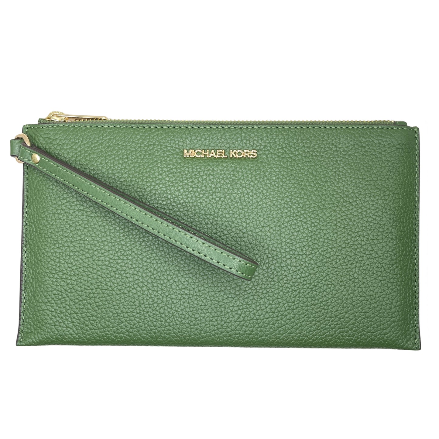 title:Michael Kors Women's Jet Set Travel Large Top Zip Pebbled Leather Wristlet Pouch;color:Fern Green