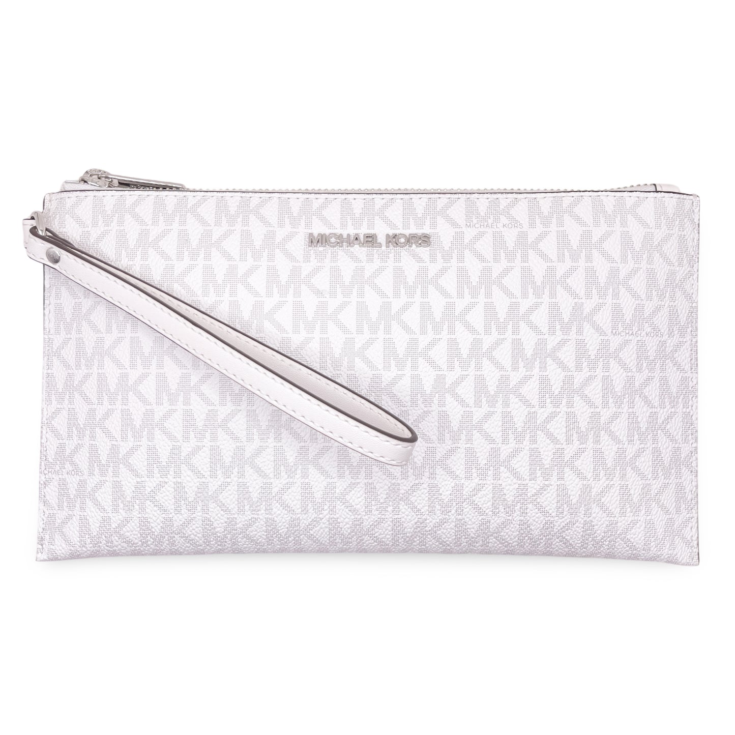 title:Michael Kors Women's Jet Set Travel Large Logo Print Canvas Top Zip Wristlet Pouch;color:Optic White