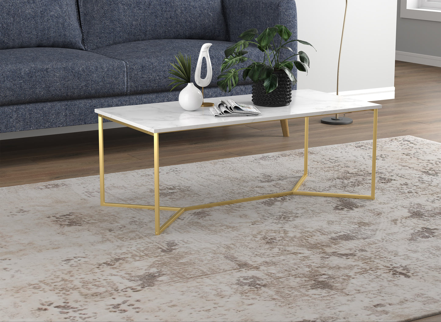 Safdie & Co. Coffee Table 44" Marble Gold Metal, Central Table for Living Room