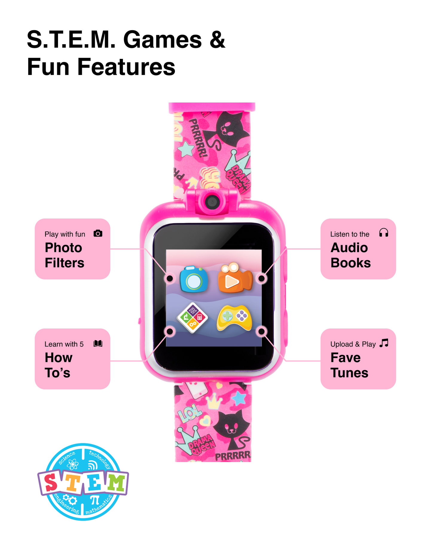 PlayZoom 2 Kids Smartwatch: Fuchsia Kitty Cats Print affordable smart watch