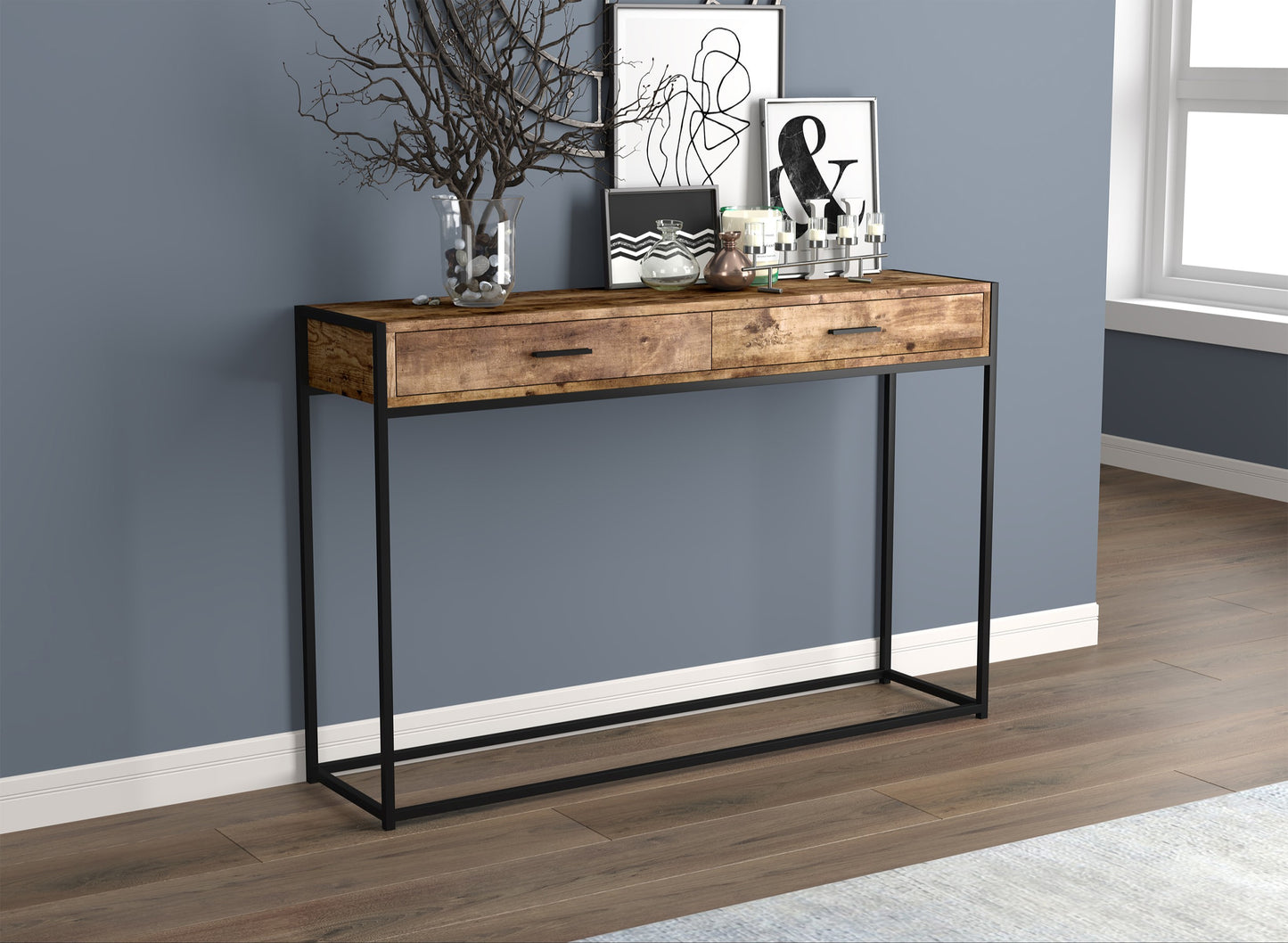 Safdie & Co. Console Table 48" Brown Reclaimed Wood 2 Drawers Black Metal, Entryway or Sofa Table for Living Room