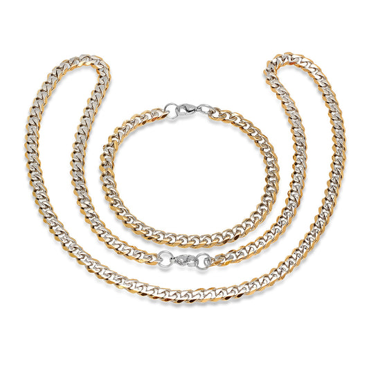 SteelTime Two Tone Cuban Link Necklace + Bracelet Set