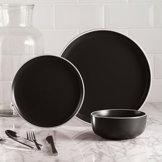 Safdie & Co. Dinnerware Set 12Piece 2-Tone Cylinder Matte Black, Service for 4