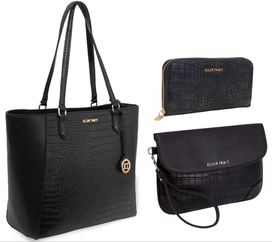 title:Ellen Tracy Croco Shoulder Tote Bag &Single Zip Wallet & Clutch Wristlet Set;color:BLACK-001