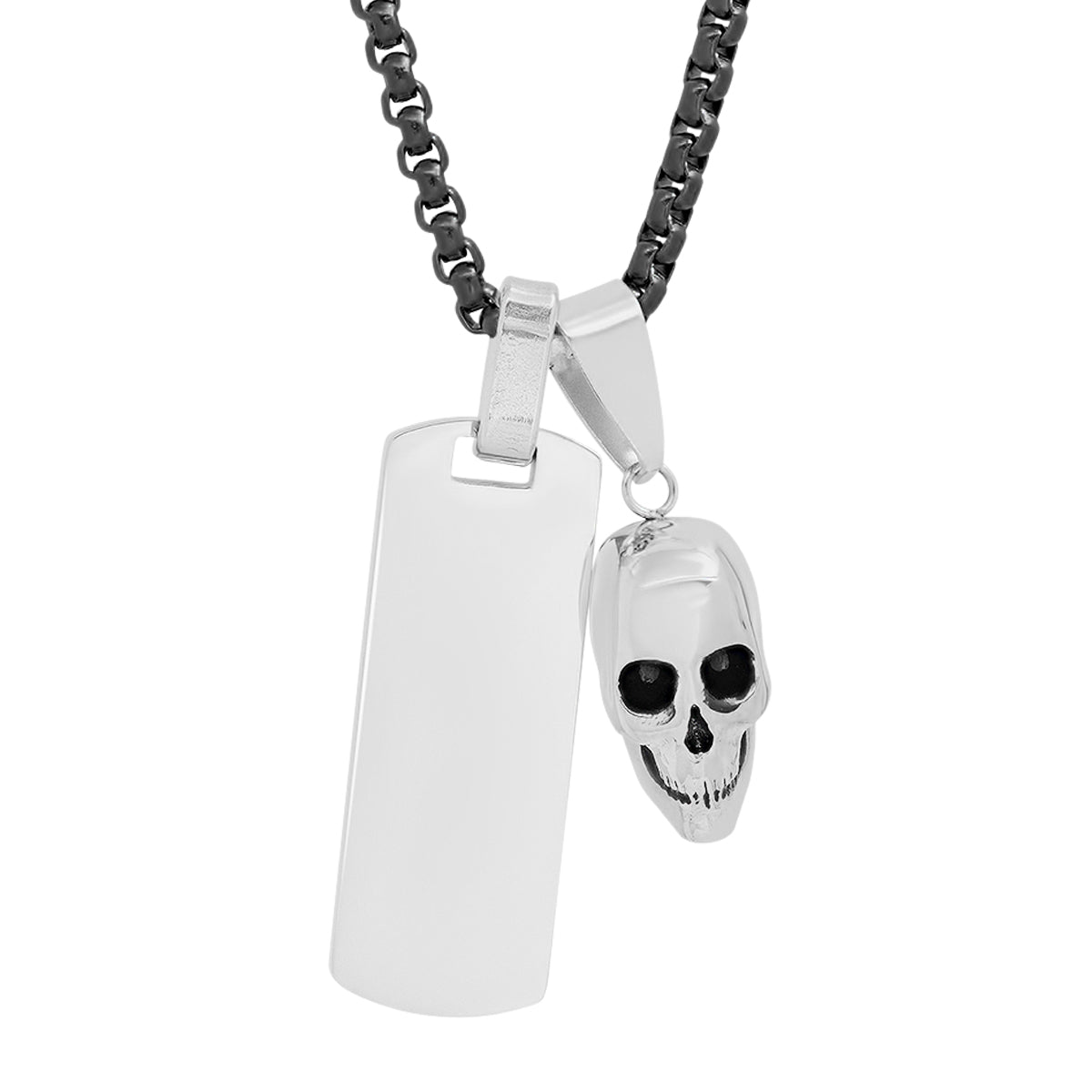 Skull + Slim Dog Tag Double Pendant Necklace